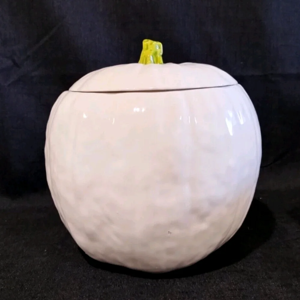 Vintage Ceramic Hand Made Glossy White Pumpkin Cookie Jar Realistic Signed Chris